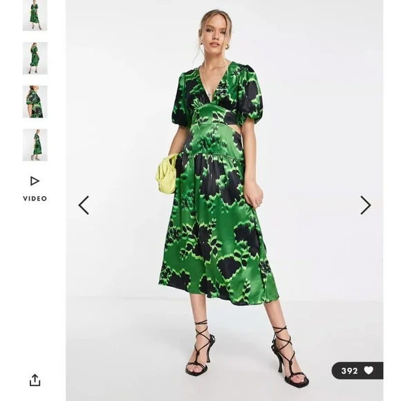 topshop green cut out dress Topshop green and pink floral cut out mesh midi dress